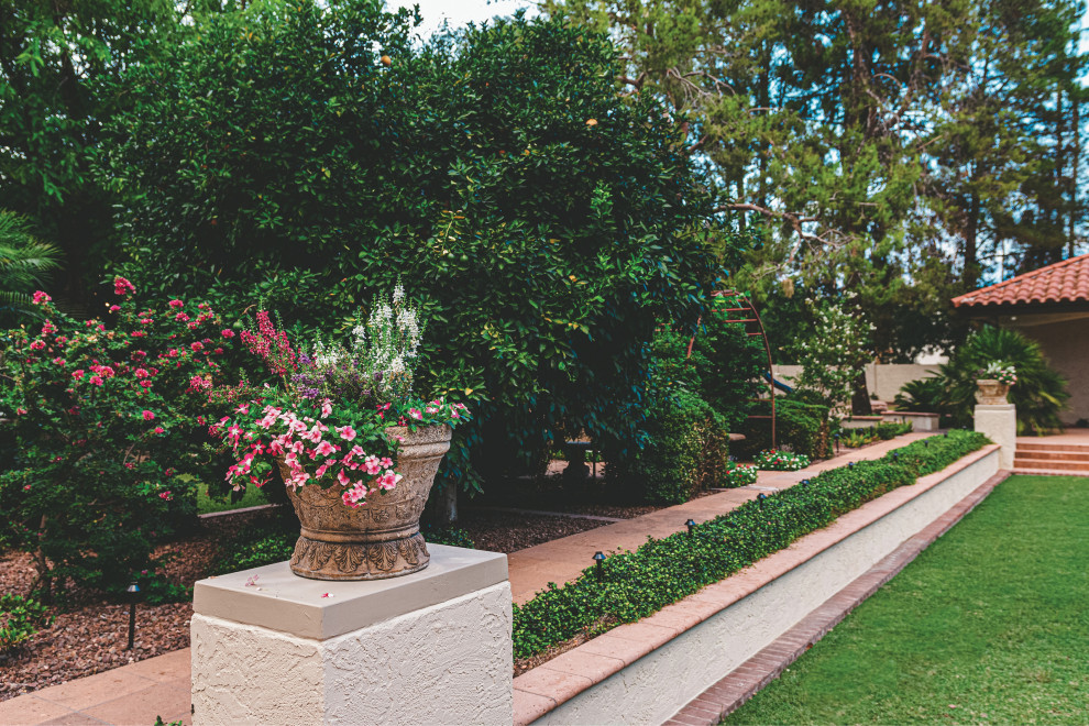 Идея дизайна: участок и сад на заднем дворе в средиземноморском стиле с клумбами