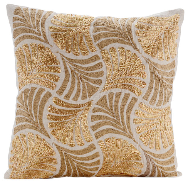 Zardozi Embroidery 14"x14" Linen Gold Throw Pillows Cover, Gold Ginko Leaves