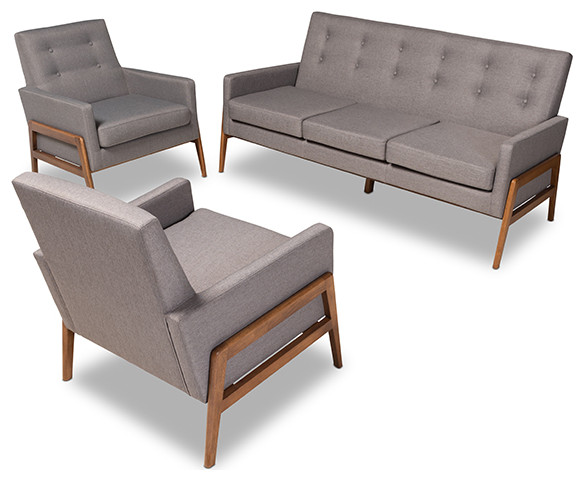 Perris Light Gray Fabric Upholstered Walnut Wood 3-Piece Living Room Set