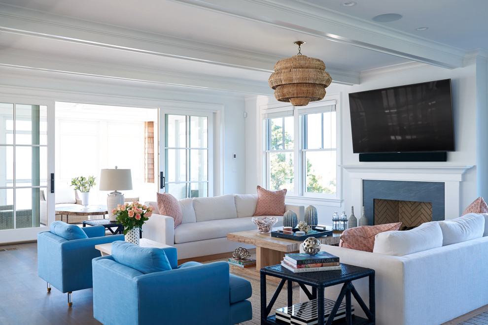 Photo of a beach style family room in New York with white walls, dark hardwood floors, a standard fireplace and a wall-mounted tv.