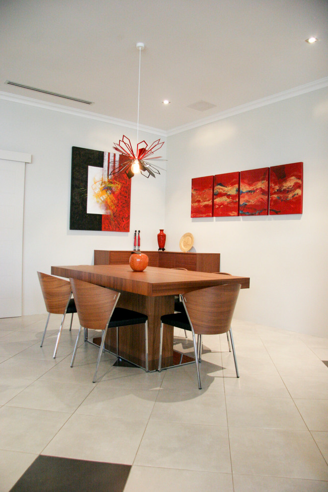 Inspiration for a mid-sized contemporary open plan dining in Perth with white walls, porcelain floors and white floor.