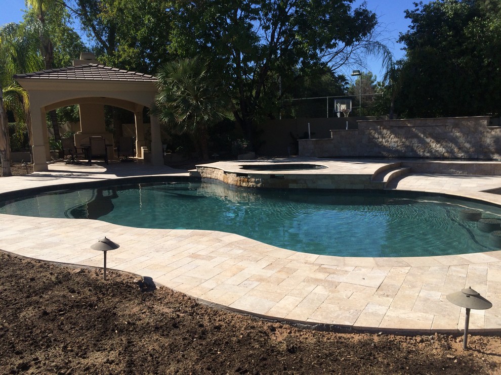 Photo of a large contemporary backyard custom-shaped natural pool in Phoenix with a hot tub and tile.