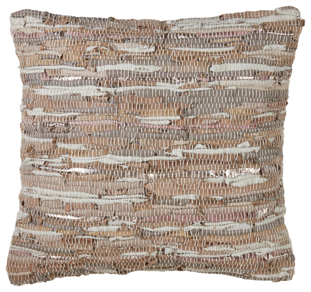 Cotton And Leather Blend Accent Pillow With Chindi Design And Down