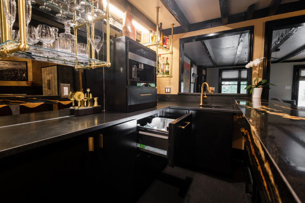 This is an example of a mid-sized contemporary u-shaped wet bar in New York with an undermount sink, flat-panel cabinets, black cabinets, granite benchtops, mirror splashback, dark hardwood floors, black floor and black benchtop.