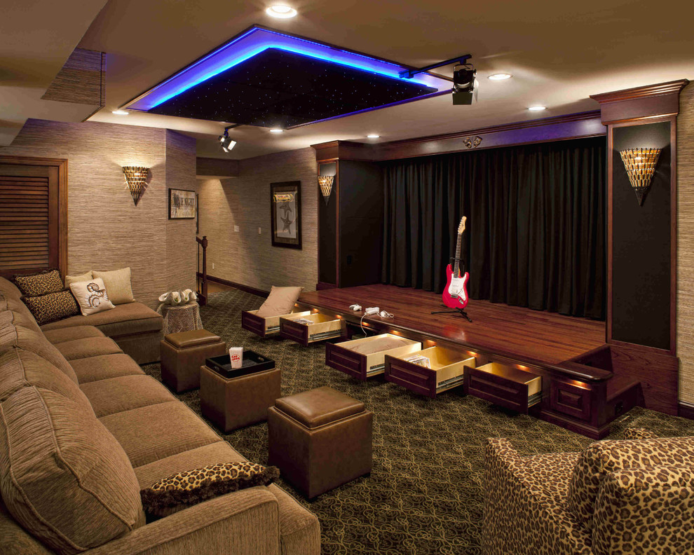 Contemporary home theatre in Philadelphia with beige walls and a projector screen.