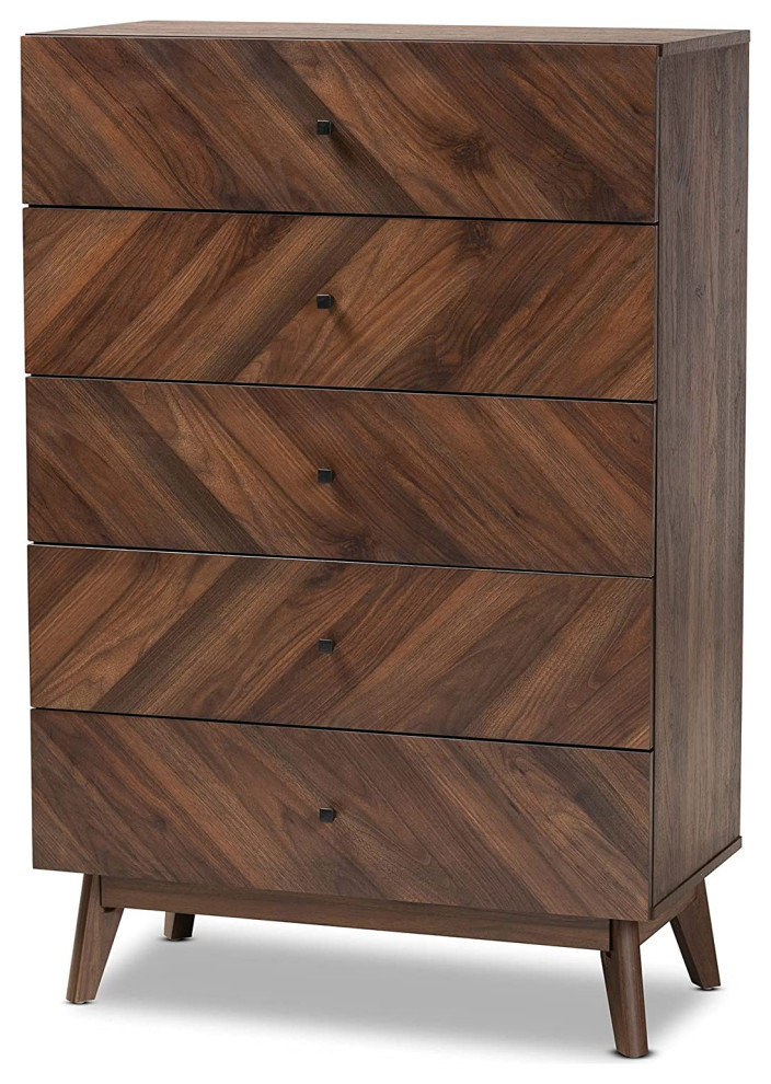 Mid Century Dresser, Angled Legs With 5 Storage Drawers, Walnut Brown