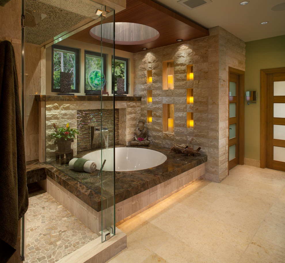 Design ideas for a large asian master bathroom in San Diego with green walls, an undermount tub, a corner shower, marble floors and limestone.