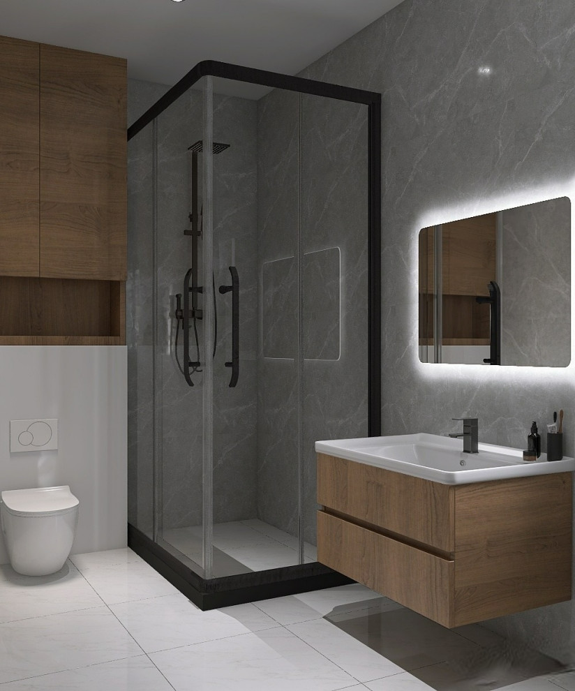 Inspiration for a large contemporary 3/4 gray tile and porcelain tile porcelain tile, white floor and single-sink bathroom remodel in Other with flat-panel cabinets, brown cabinets, a wall-mount toilet, gray walls, a wall-mount sink, quartz countertops, beige countertops and a floating vanity