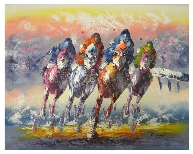 Oil art work Horse Racing horserace in beautiful landscape Hand painted