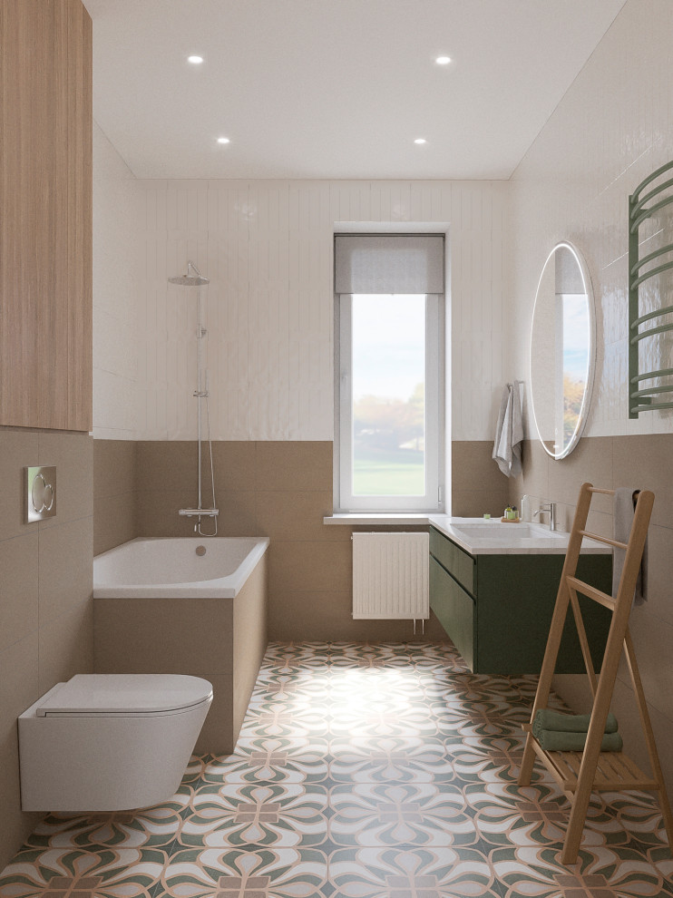 Современный интерьер дома с акцентами лестного цвета