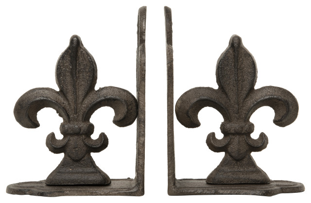 Fleur de Lis Shaped Iron Bookend, Set of 2, Bronze