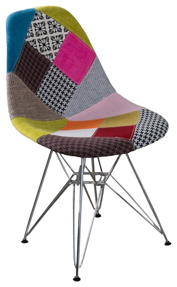 Set of 2 Patchwork Fabric Dining Chairs with Chromed Legs and Curved Back Midcentury Dining