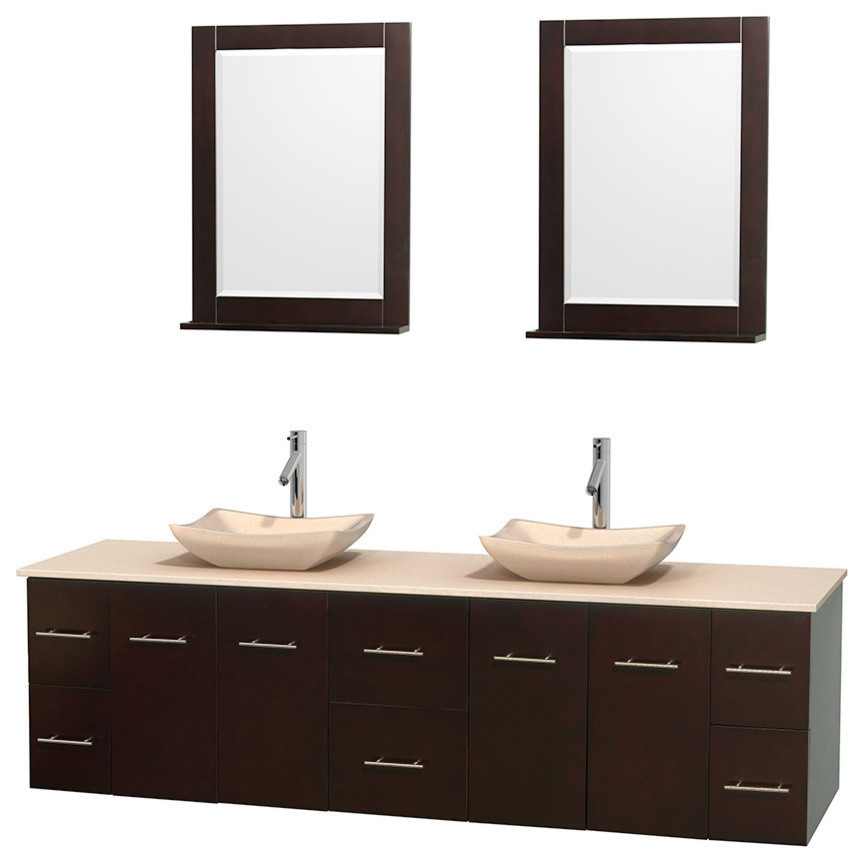 80" Double Bathroom Vanity in Espresso, Ivory Marble Countertop, 24" Mirror