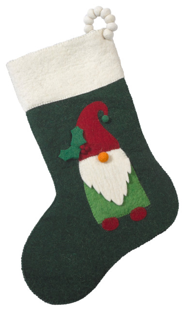 Hand Felted Wool Christmas Stocking, Gnome on Green