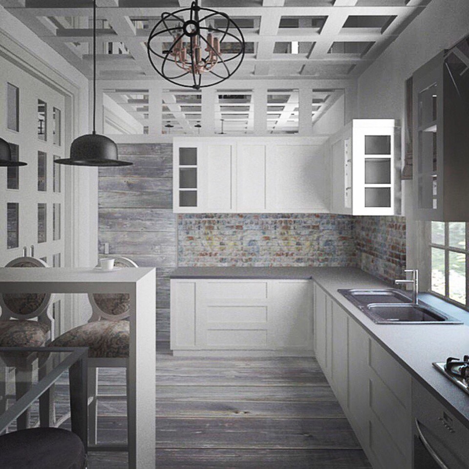 Организация кухни с уютным местом для чаепития, в проходном, узком помещении.