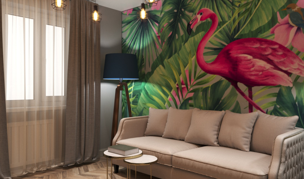 Дизайн небольшой гостиной с рабочим местом и авторскими яркими обоями