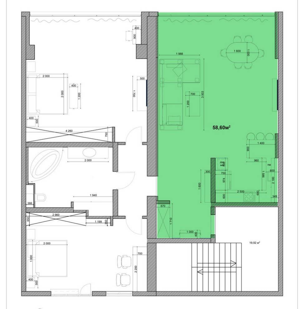 Визуализация общесемейного пространства площадью 58,60м2