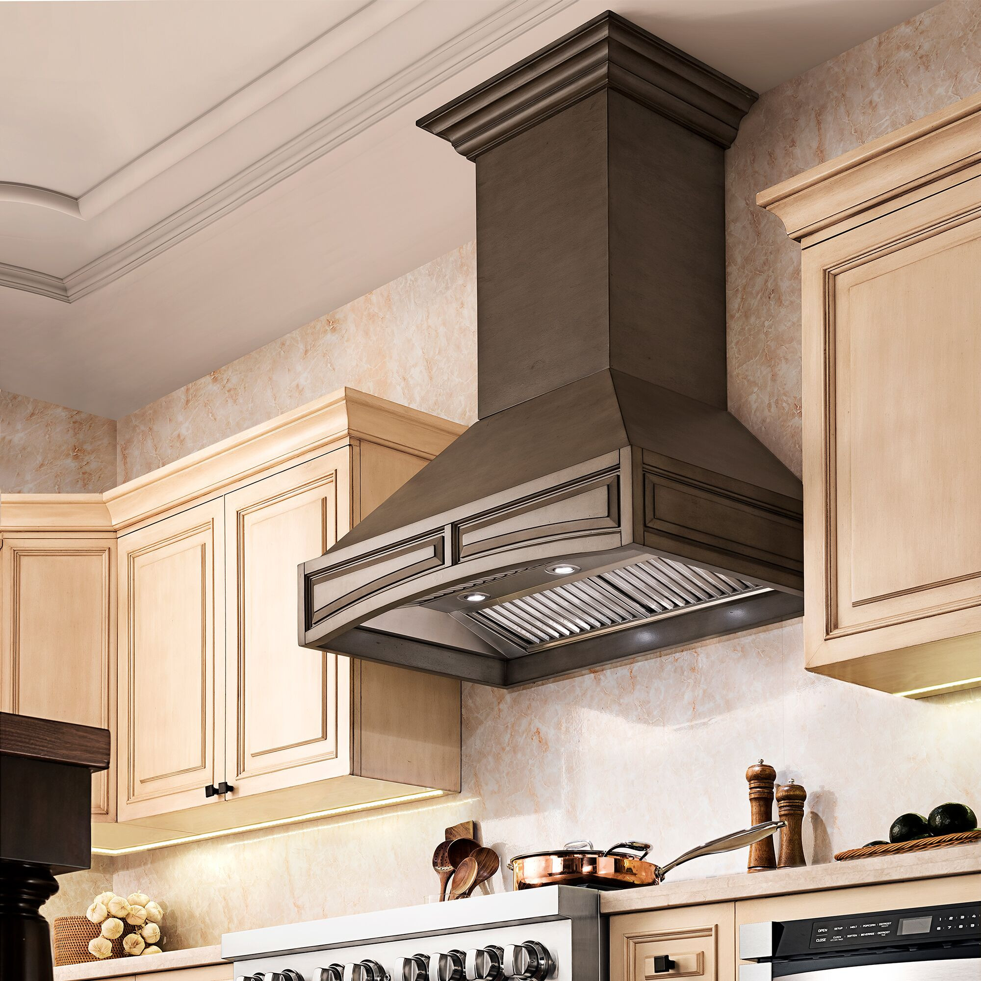 Kitchens featuring a ZLINE Wooden Wall Range Hood