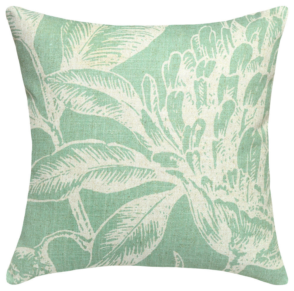 Floral Printed Linen Pillow With Feather-Down Insert, Aqua