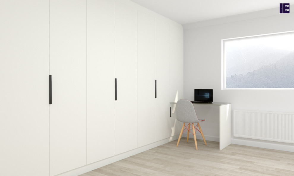 Photo of a small modern built-in wardrobe in London with flat-panel cabinets, white cabinets, plywood flooring, multi-coloured floors and a wood ceiling.