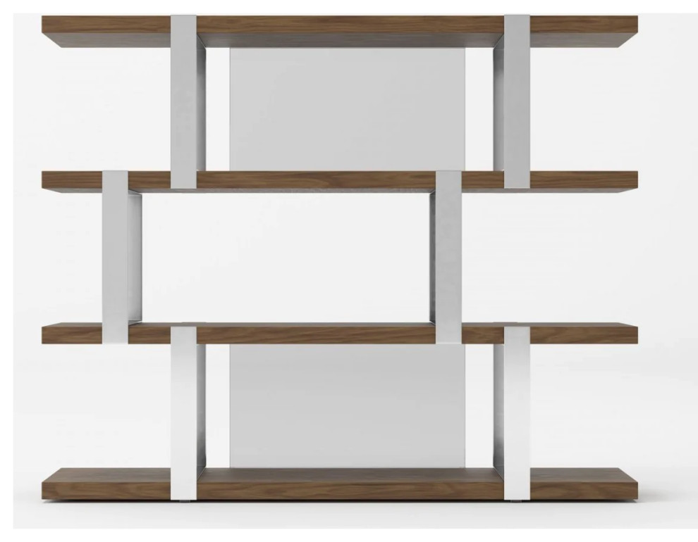 Sandy Modern Walnut Glass & Stainless Steel Bookshelf Transitional