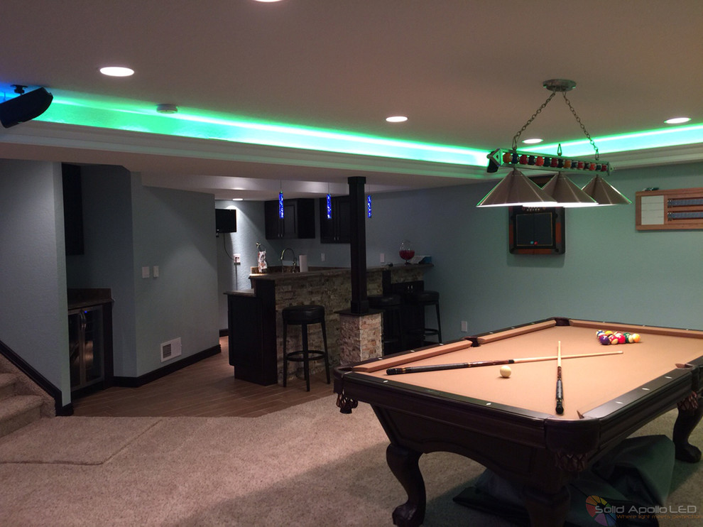 Inspiration for a mid-sized contemporary enclosed family room in Seattle with a game room and a wall-mounted tv.