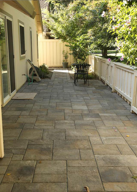 Design ideas for a small traditional backyard shaded garden in Sacramento with concrete pavers.