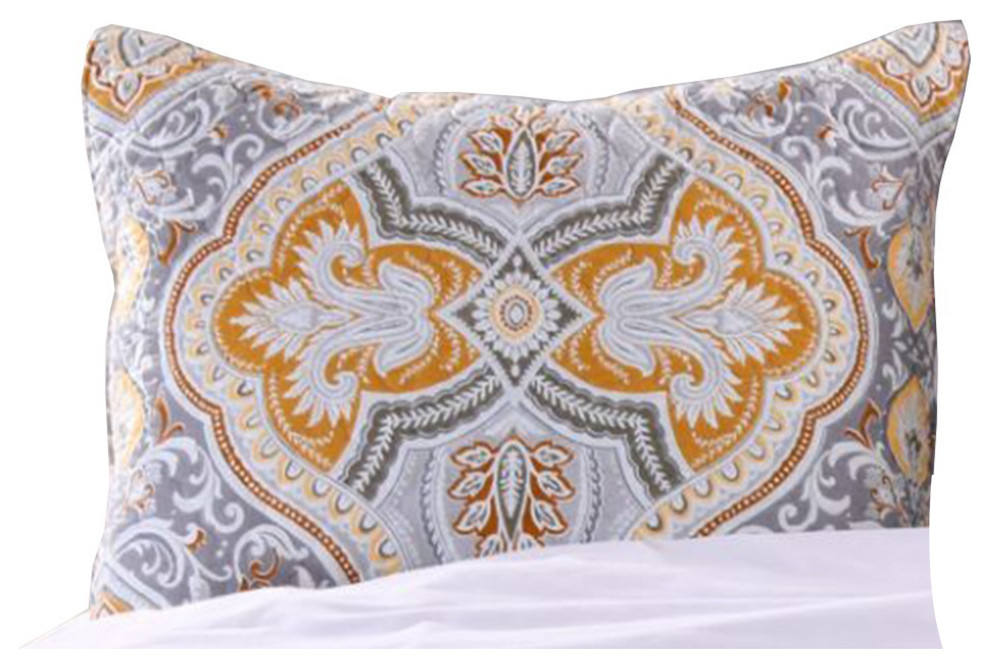 Cotton King Pillow Sham with Ornate Medallion Print, Gold and Gray