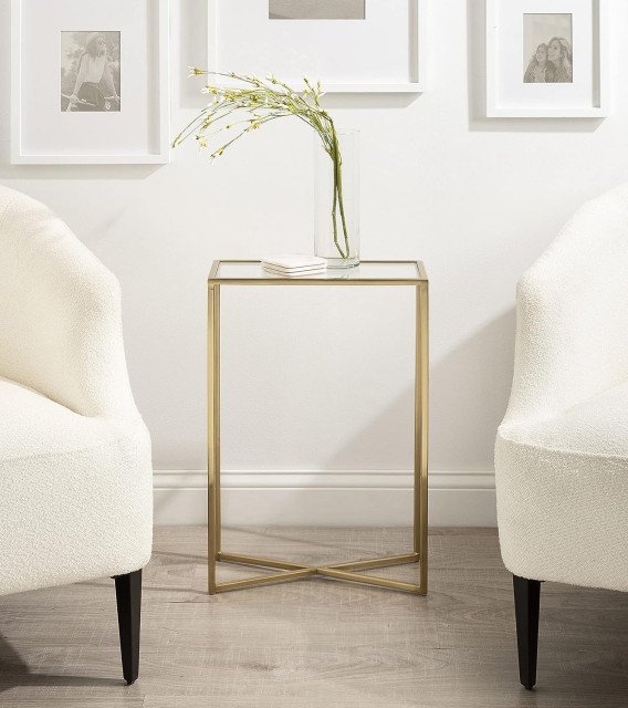 Modern Glam End Table, Golden Metal Frame With Crossed Base & Clear ...