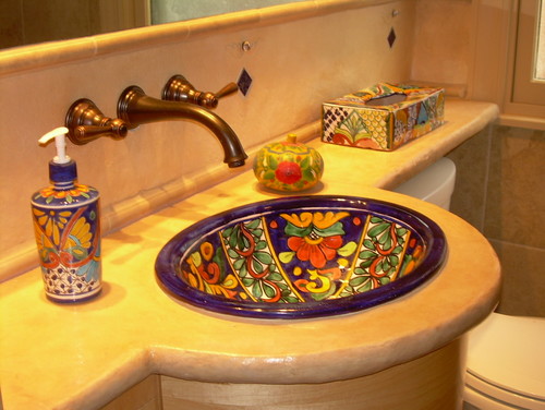 rustic  composite countertop in Mexican style bath