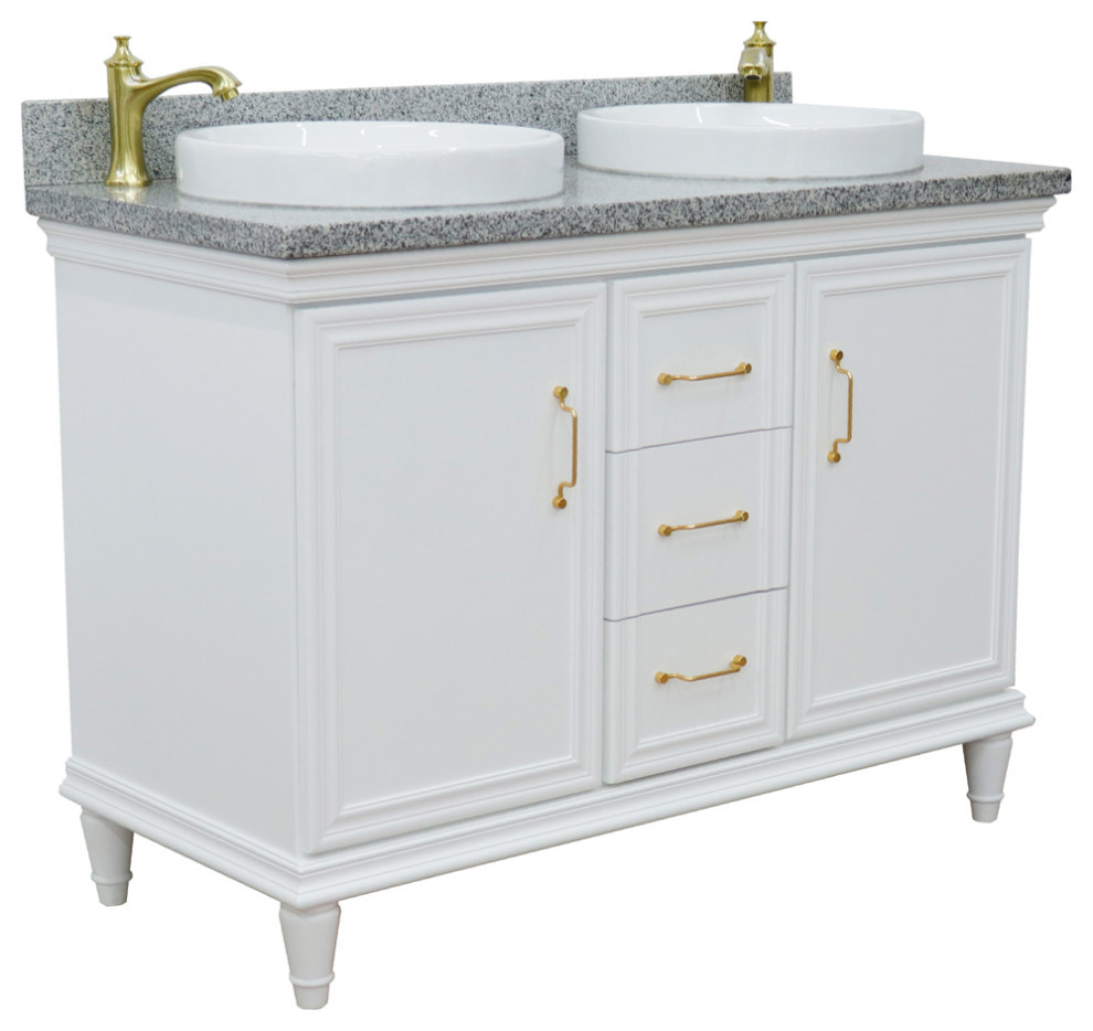 49" Double Vanity, White Finish With Gray Granite And Round Sink