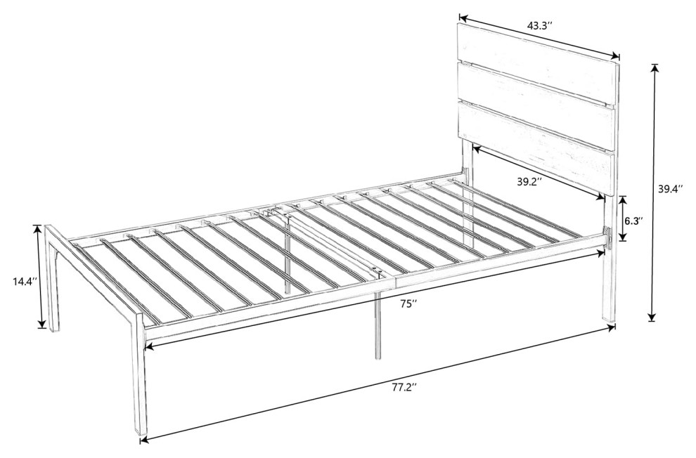 Twin Size Platform Bed Frame with Wood headboard and Metal Slats