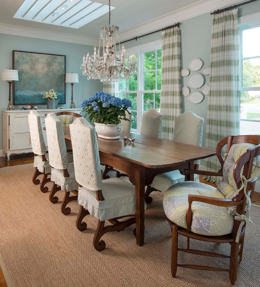 Design ideas for a country dining room in Dallas with blue walls and medium hardwood floors.