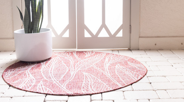 Unique Loom Rust Red Leaf Outdoor 4' Round Rug