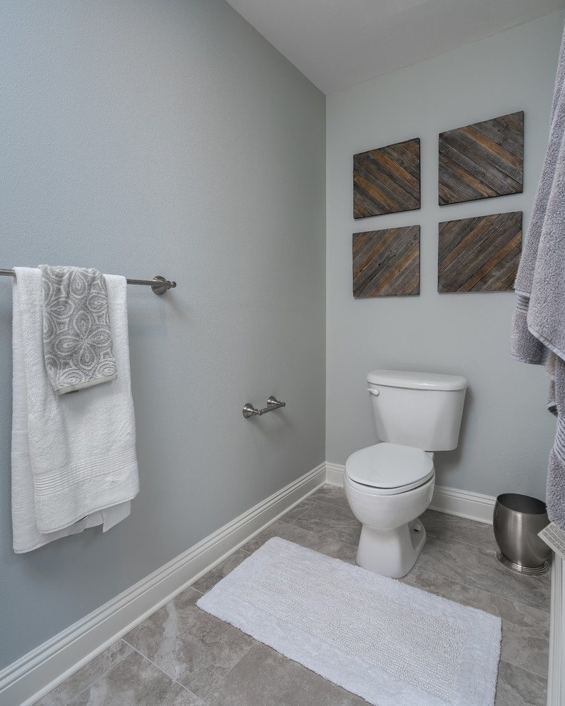 Example of a large transitional master multicolored tile and mosaic tile porcelain tile double shower design with gray walls, an undermount sink and quartz countertops