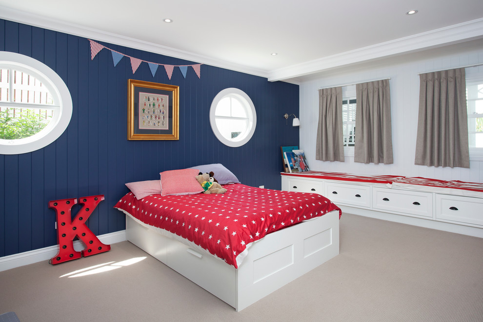 Inspiration for a beach style kids' bedroom in Brisbane with multi-coloured walls.