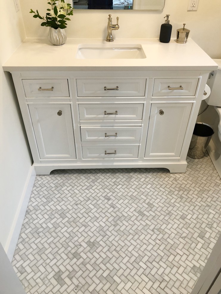 Example of a small transitional master gray tile and marble tile marble floor and gray floor alcove shower design in Providence with furniture-like cabinets, white cabinets, white walls, an undermount sink, marble countertops and white countertops