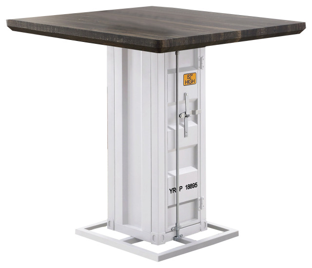 Benzara BM215031 Square Counter Height Table With Pedestal Base, White and Brown