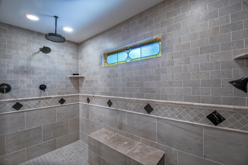 Inspiration for a mid-sized traditional master bathroom in Other with granite benchtops, raised-panel cabinets, light wood cabinets, a double shower, a two-piece toilet, beige tile, stone slab, brown walls, porcelain floors and an undermount sink.