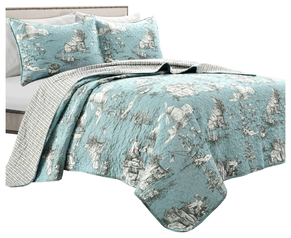 French Country Toile Cotton Reversible 3Piece Quilt Set French