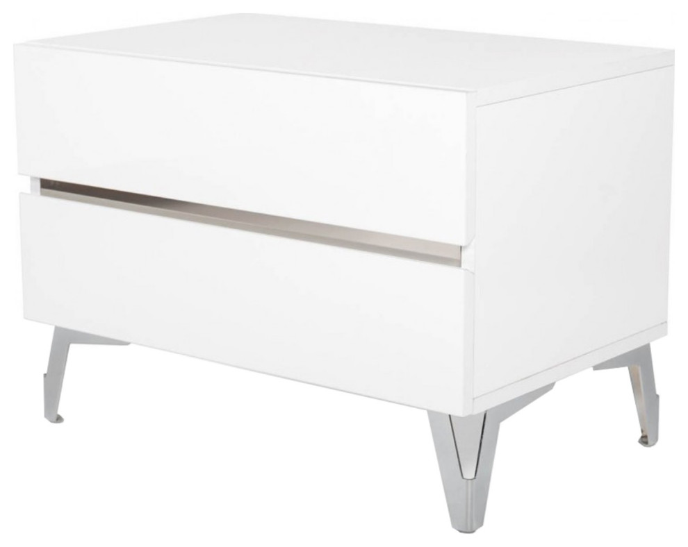 2 Drawer Modern Nightstand with Stainless Steel Accents and Legs, White