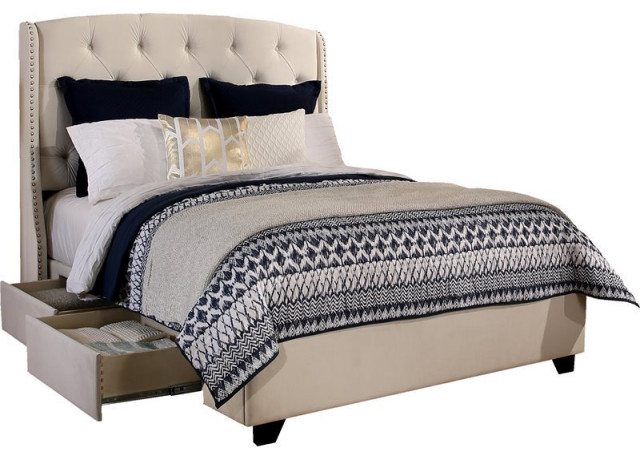 Peyton Fabric Upholstered "Steel-Core" Platform Queen Bed/2-Drawers in Ivory