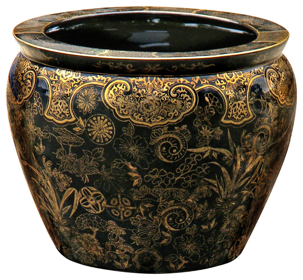 12 Inch Black and Gold Floral Design Chinese Fishbowl Planter, without Stand