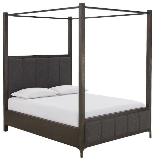 Moe Acacia Wood Queen Canopy Bed With Plush Channel Tufting, Espresso