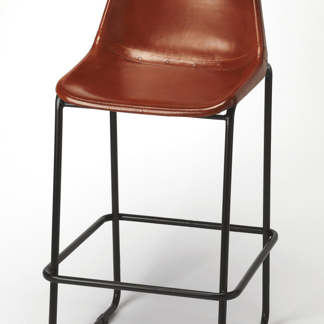 Brown Leather and Iron Bar Stool Modern Vanity Stools And Benches