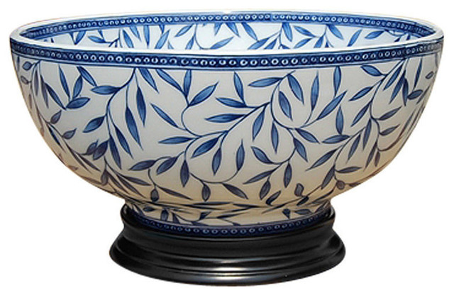 Blue and White Porcelain Bamboo Leaf Motif Bowl With Base 14"