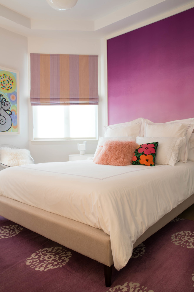 Design ideas for a transitional bedroom in New York with white walls, carpet and purple floor.