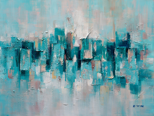 Abstract Turquoise Lake" Hand Painted Canvas Artwork; Fine Art; Modern -  Contemporary - Paintings - by Bayland Collection | Houzz