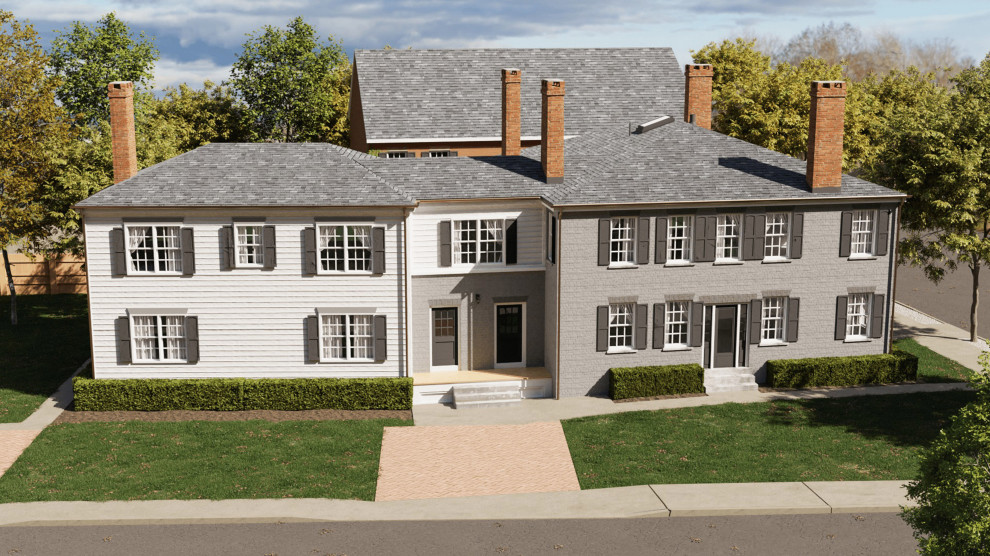 Пример оригинального дизайна: большой, двухэтажный, серый многоквартирный дом в классическом стиле с облицовкой из крашеного кирпича, вальмовой крышей, крышей из гибкой черепицы и серой крышей