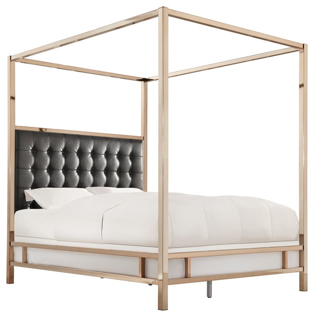 Safira Modern Metal Canopy Bed In Champagne Gold Contemporary Safira Modern Metal Canopy Bed In Champagne Gold Black Bonded Leather Full